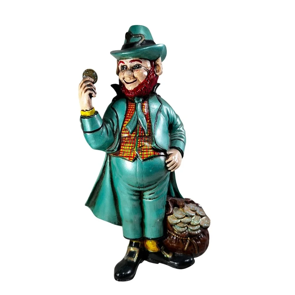 Vintage Hand Painted Leprechaun Figurine Irish Pot of Gold 8 Inch Germany Green